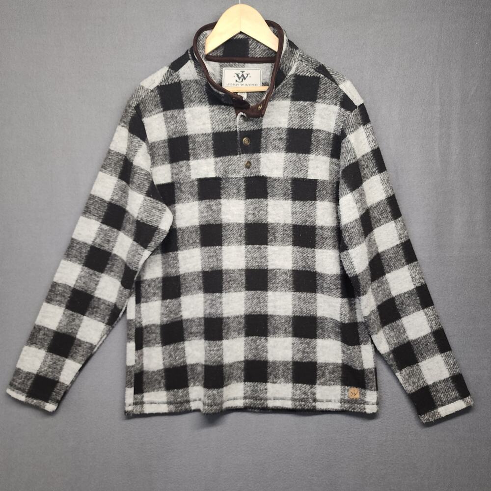 John Wayne Fleece Pullover Mens Medium Black Buffalo Plaid Check Mock Neck Snap